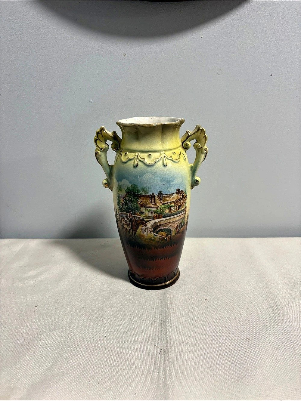 1890’s Handled Scenic Ceramic Vase Yellow & Brown